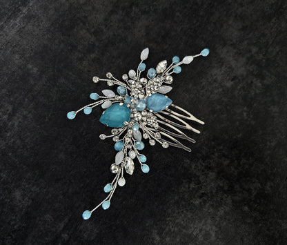 Blue Opal Crystal Wedding Hair Comb, Silver Bridal Hair Piece, 4 Inch
