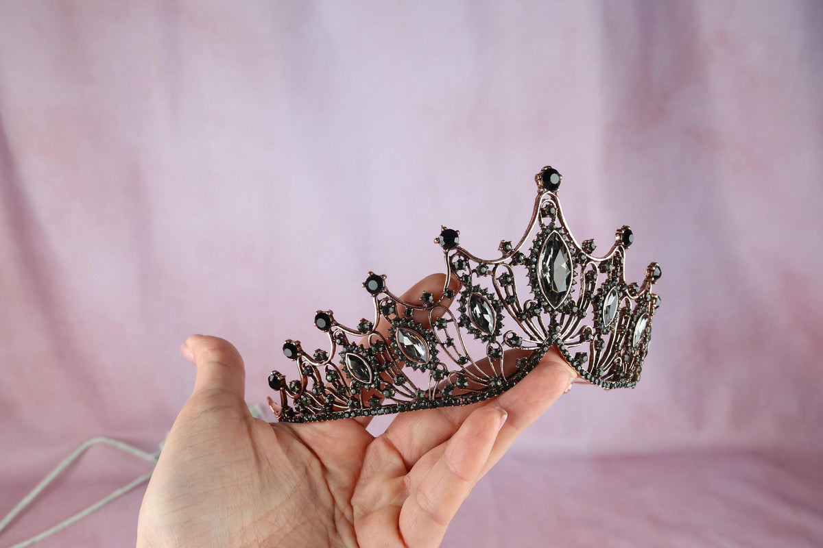 Baroque Black Crystal Tiara, Vintage Gothic Bridal Crown, Elegant Prom Headpiece