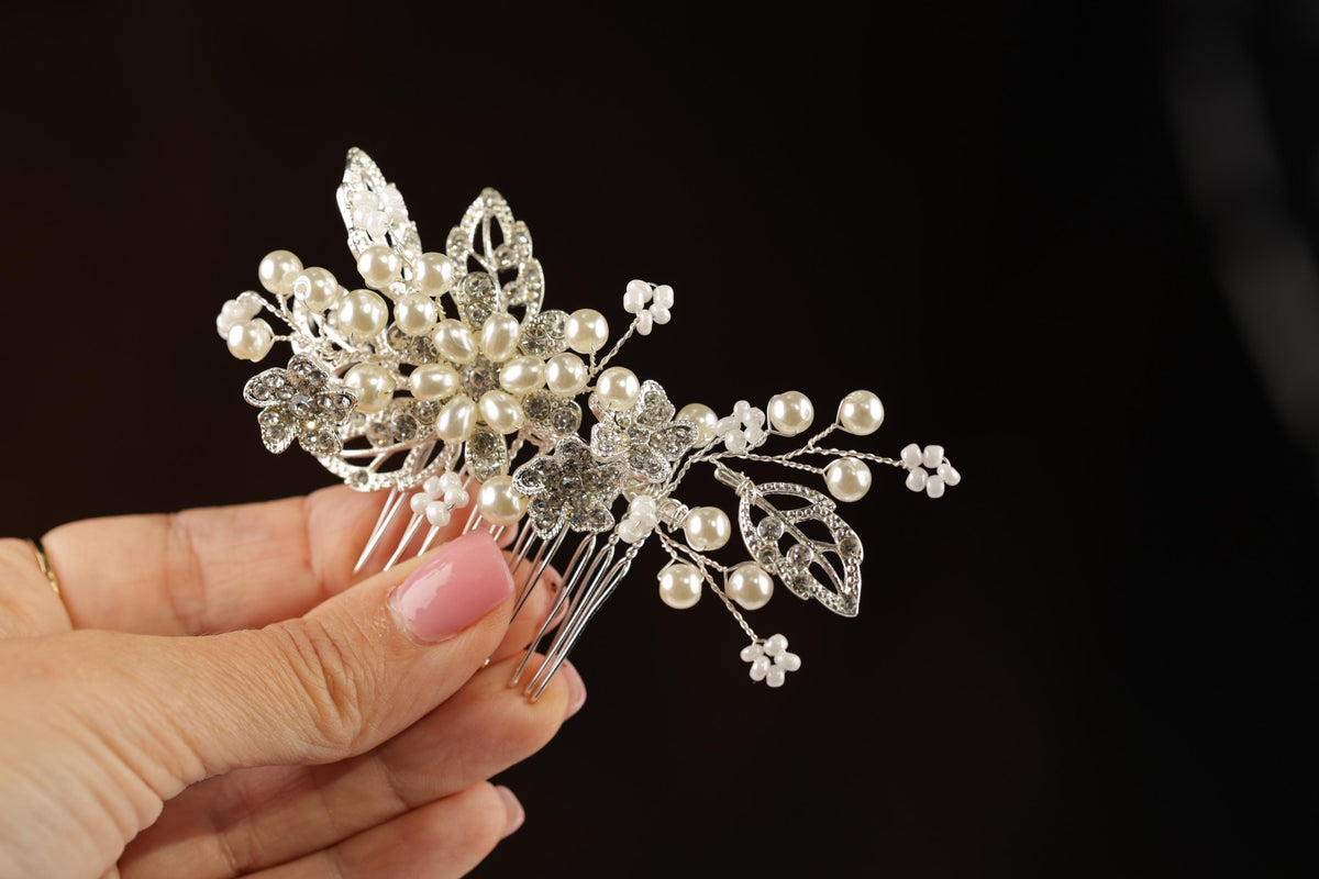 Pearl Floral Bridal Hair Comb, Silver Wedding Hairpiece