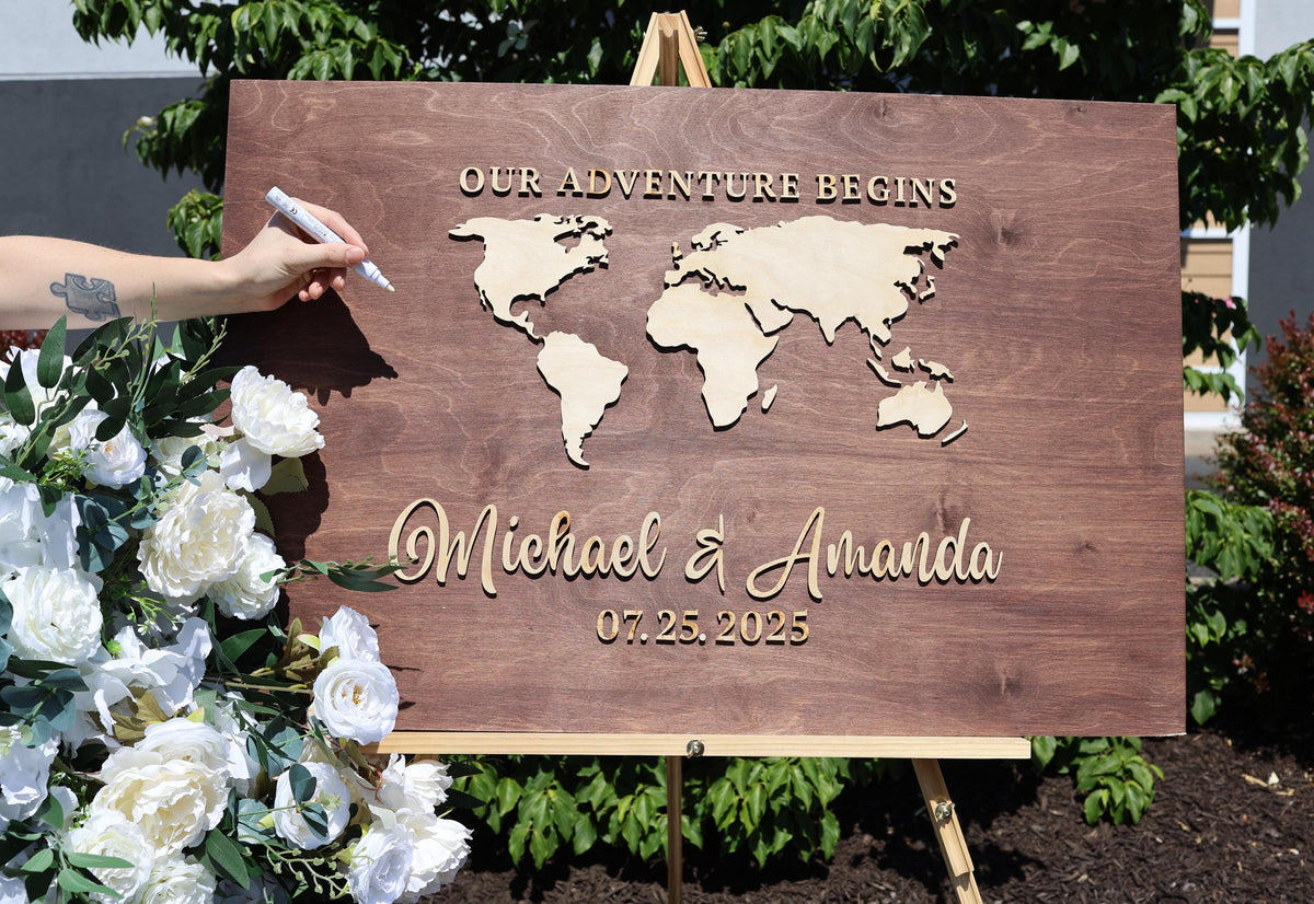 a wooden sign with a world map on it