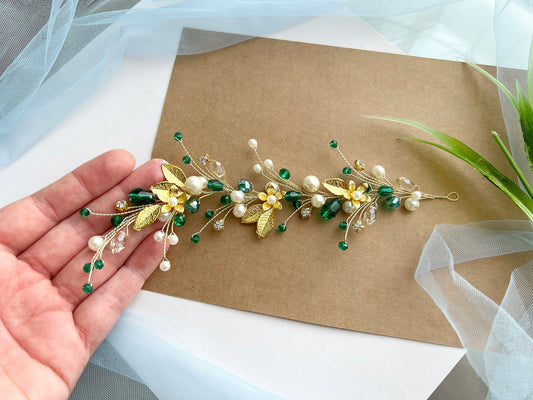 Custom order for Katherine - Handmade Gold Flower Emerald Crystal Bridal Hair Vine