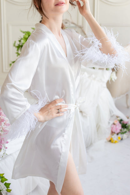 White Italian Satin Bridal Robe with Feather Trim, Boudoir Kimono