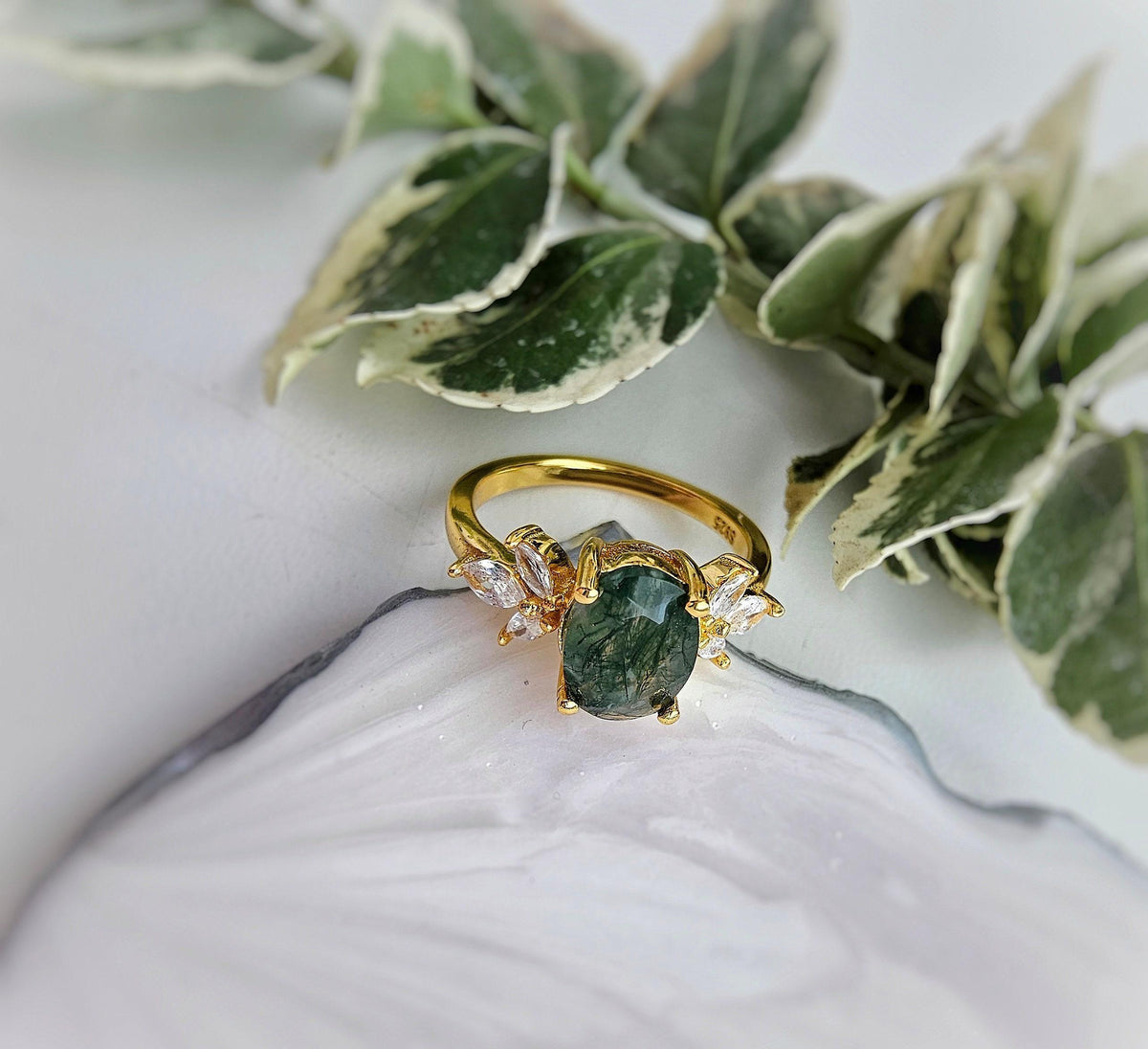 Moss Agate Engagement Ring: Oval Green Gemstone, Gold Plated Sterling Silver