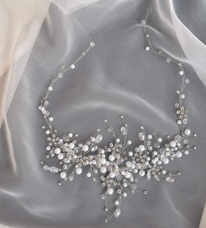 Pearl Crystal Wedding Hair Vine: Silver Bridal Headpiece, 16 Inch