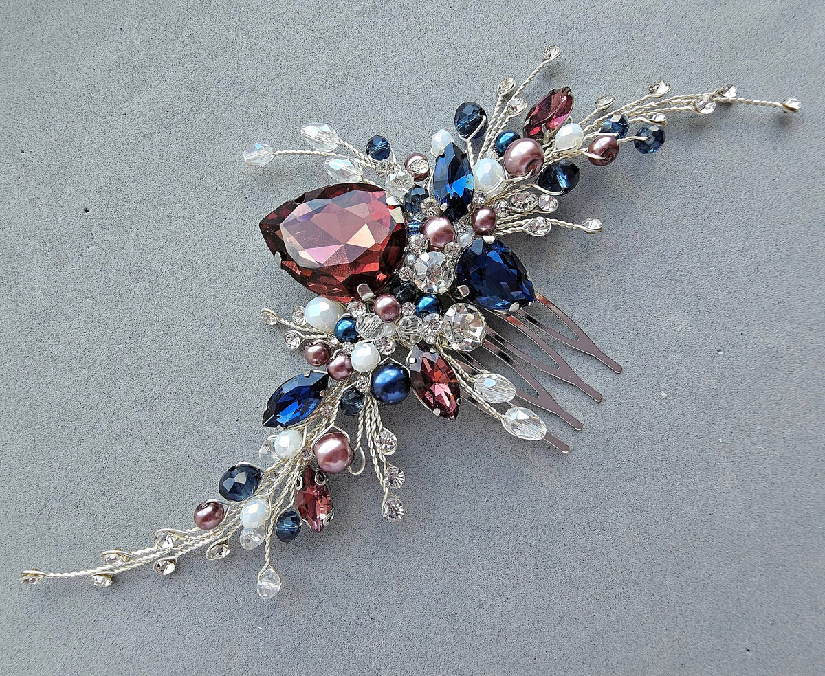 Burgundy And Navy Blue Crystal Wedding Hair Comb, Bridal Hair Piece, 6 Inch