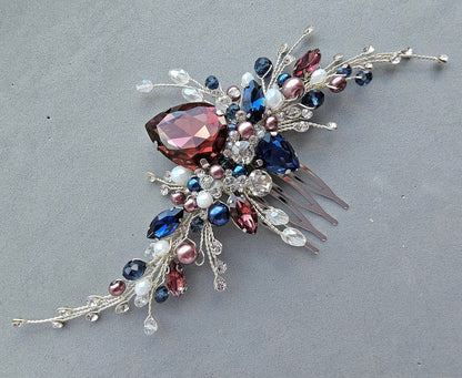 Burgundy And Navy Blue Crystal Wedding Hair Comb, Bridal Hair Piece, 6 Inch