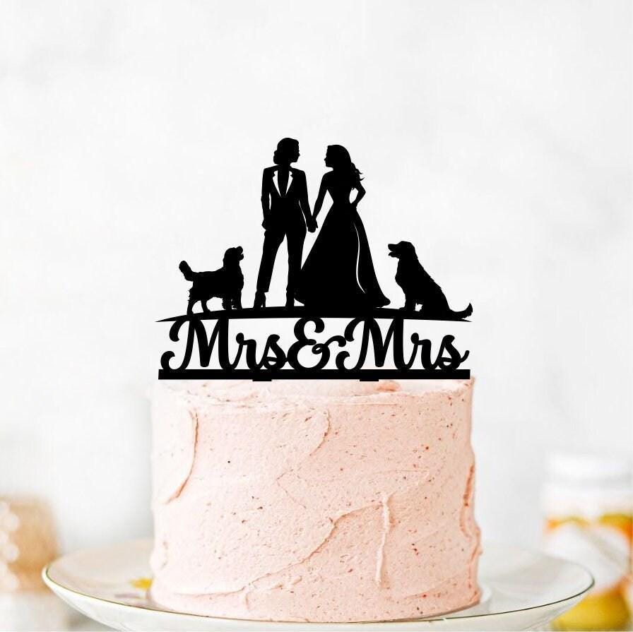 Personalized Wedding Guestbook with Dogs: Lesbian Couple, Wooden Keepsake & Cake Topper Set