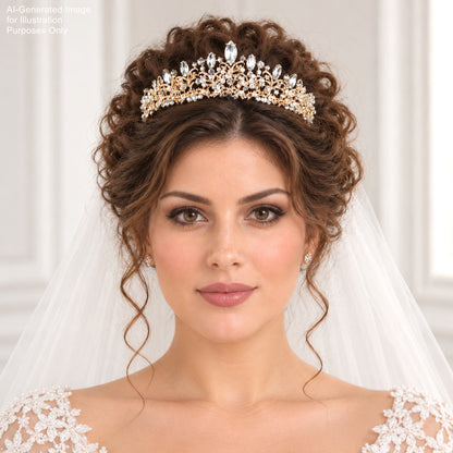 A woman with curly hair wearing a tiara and veil, looking directly at the camera with a serious expression.