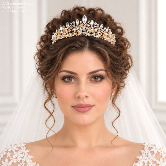 A woman with curly hair wearing a tiara and veil, looking directly at the camera with a serious expression.