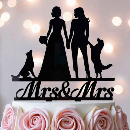 A silhouette of a bride and groom holding hands, with a dog and a rose on a wedding cake topper.