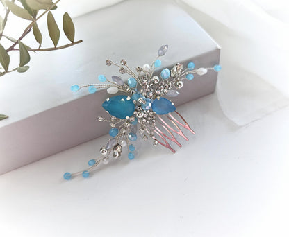 Blue Opal Crystal Wedding Hair Comb, Silver Bridal Hair Piece, 4 Inch