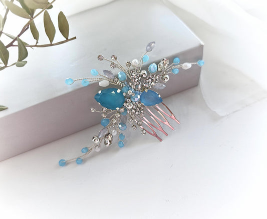 Blue Opal Crystal Wedding Hair Comb, Silver Bridal Hair Piece, 4 Inch