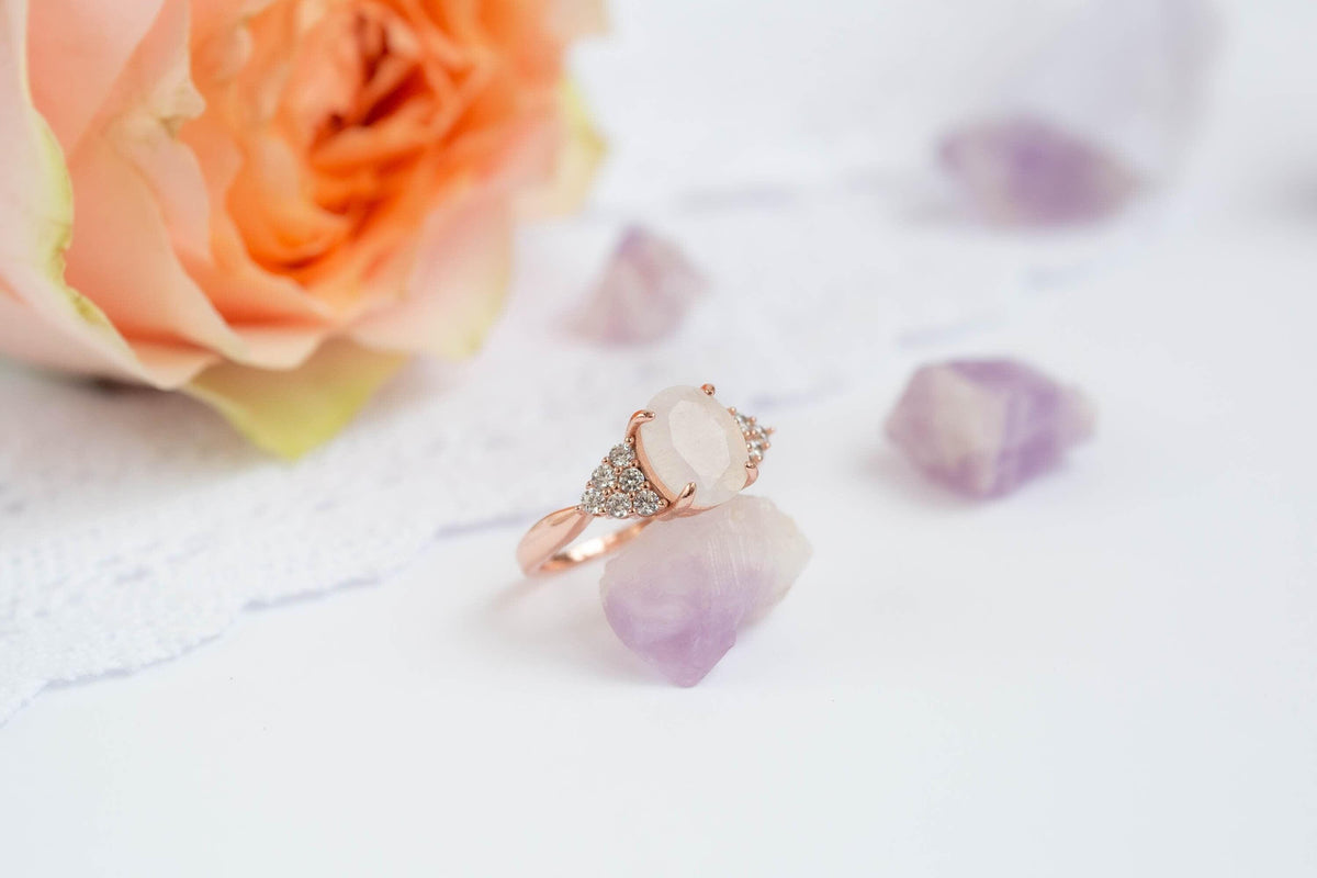 Oval engagement ring, Rainbow stone band, wedding moonstone jewelry, romantic anniversary present