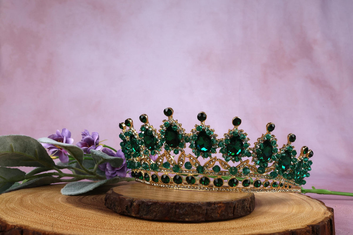 Emerald Green Crystal Wedding Tiara, Gold Bridal Crown, Green Prom Headpiece