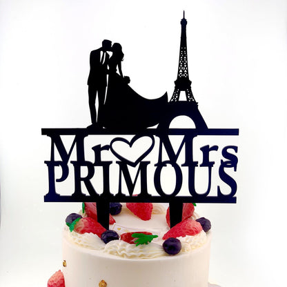Paris Eiffel Tower Wedding Cake Topper: Personalized Couple Silhouette