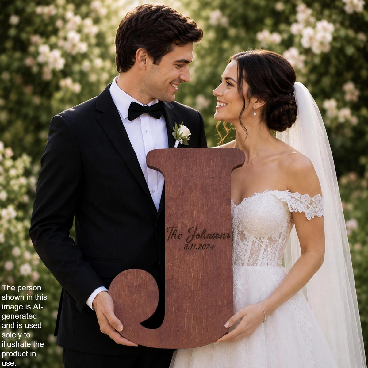 A bride and groom pose together, smiling and holding a large wooden letter 'J' with the inscription "The Johnsons 8.11.2024".