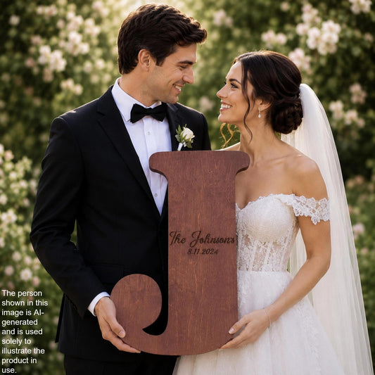 A bride and groom pose together, smiling and holding a large wooden letter 'J' with the inscription "The Johnsons 8.11.2024".