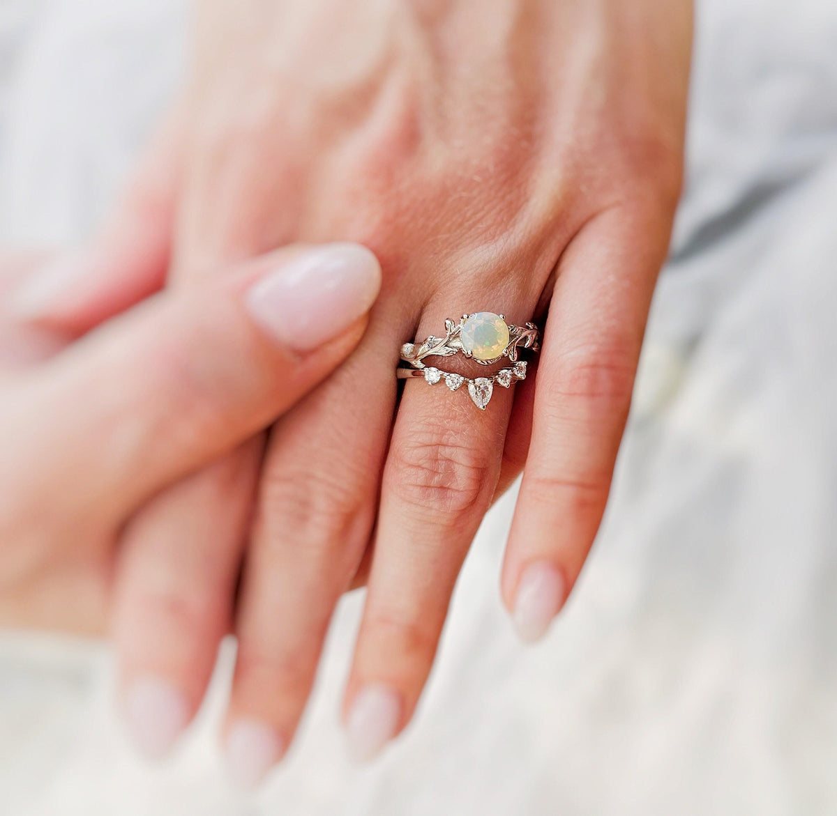 Opal Engagement Ring Set: Sterling Silver Bridal Rings with CZ