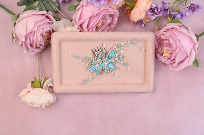Silver Turquoise Bridal Hair Comb, Floral Pearl Crystal Wedding Hairpiece