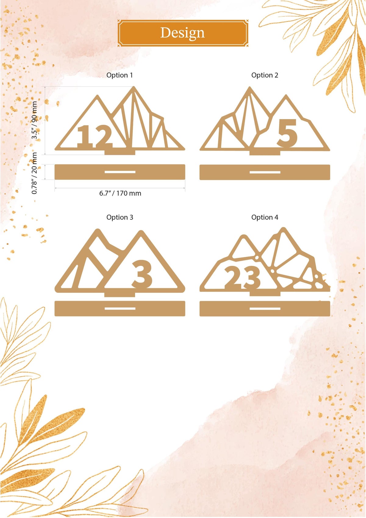 four different designs, each with a unique mountain shape and number. The designs are labeled as Option 1, Option 2, Option 3, and Option 4. The image does not contain any text, and the number of each design is not described in detail.