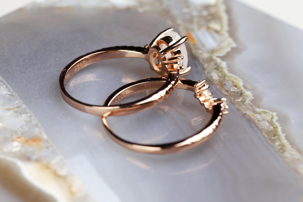 Rainbow Moonstone Engagement Ring Set: Rose Gold Plated Sterling Silver