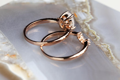 Rainbow Moonstone Engagement Ring Set: Rose Gold Plated Sterling Silver