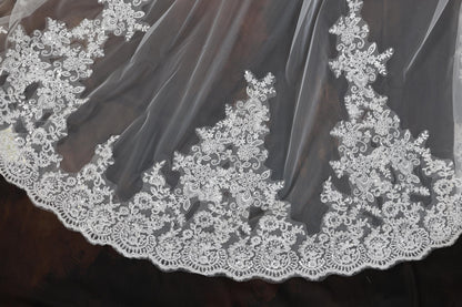 a close up of a wedding veil with flowers on it
