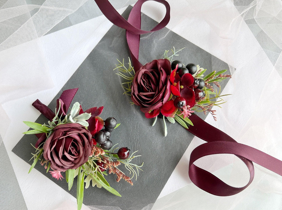 Wine Rose Grooms Boutonniere: Handmade Wedding Corsage