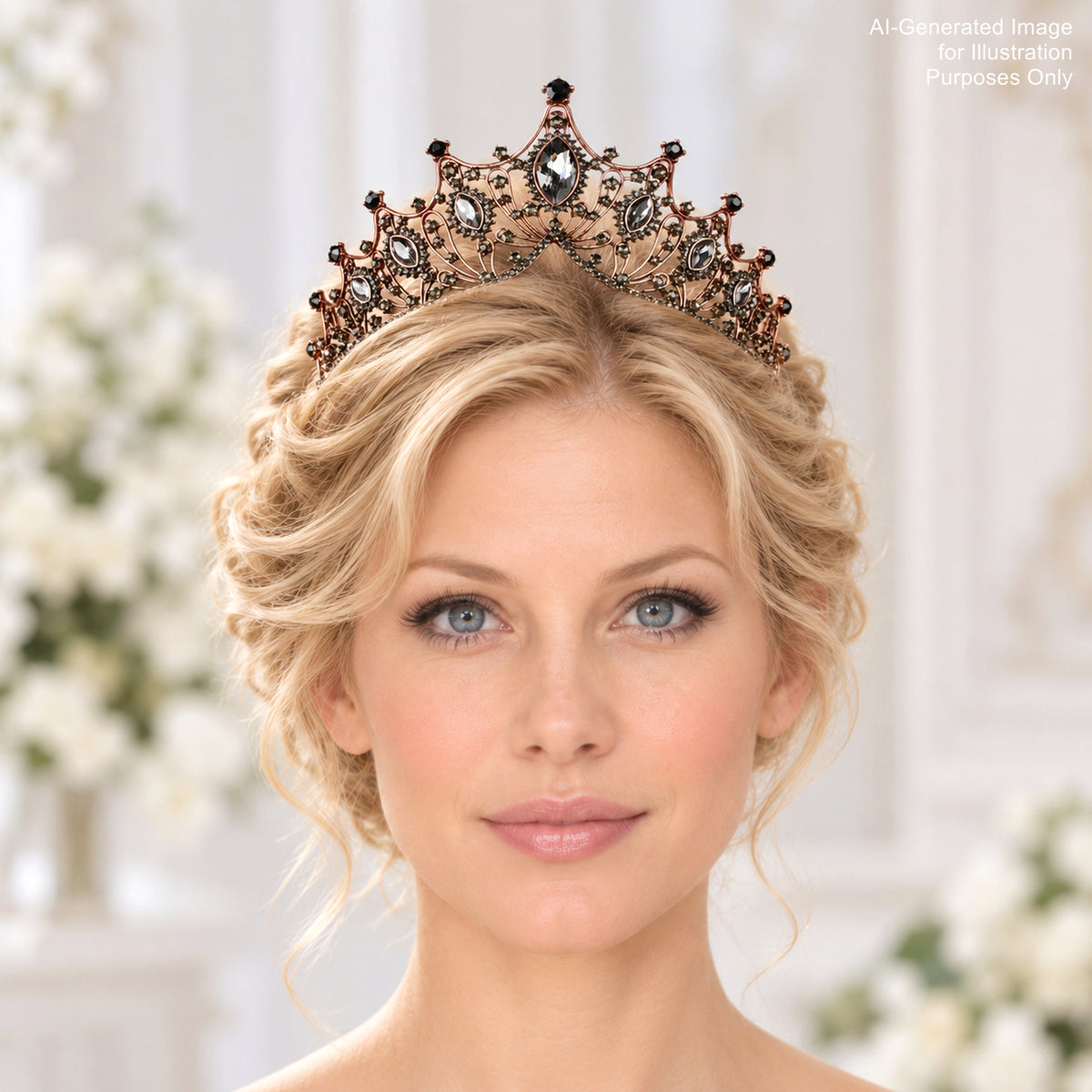 A woman with blonde hair wearing a decorative crown-like headpiece with intricate designs.