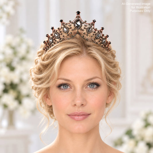 A woman with blonde hair wearing a decorative crown-like headpiece with intricate designs.