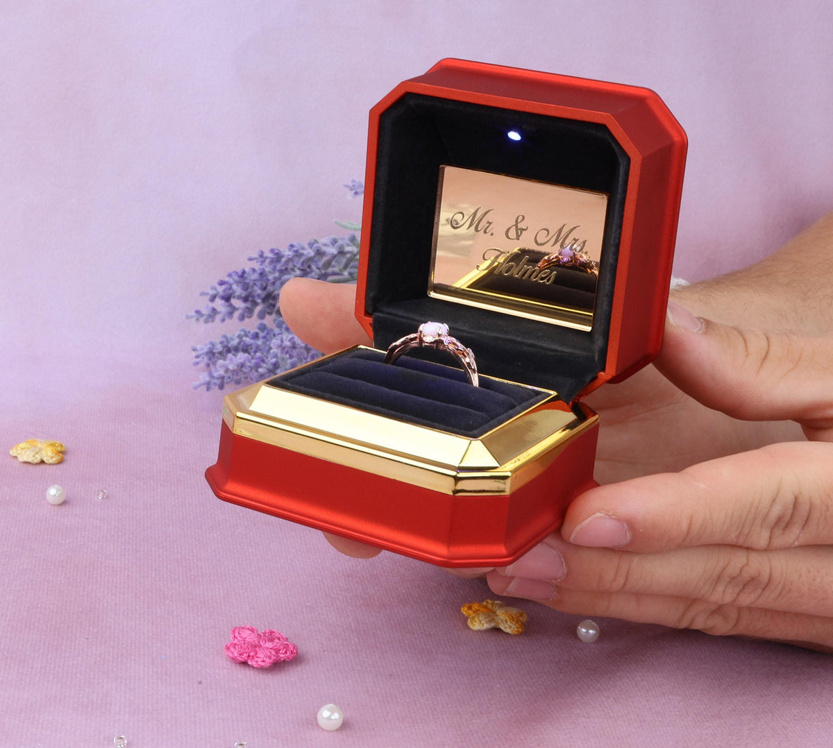 LED Double Ring Box: Velvet Proposal Ring Organizer