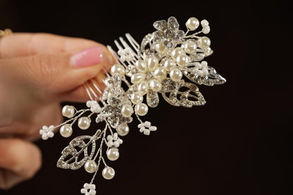 Pearl Floral Bridal Hair Comb, Silver Wedding Hairpiece