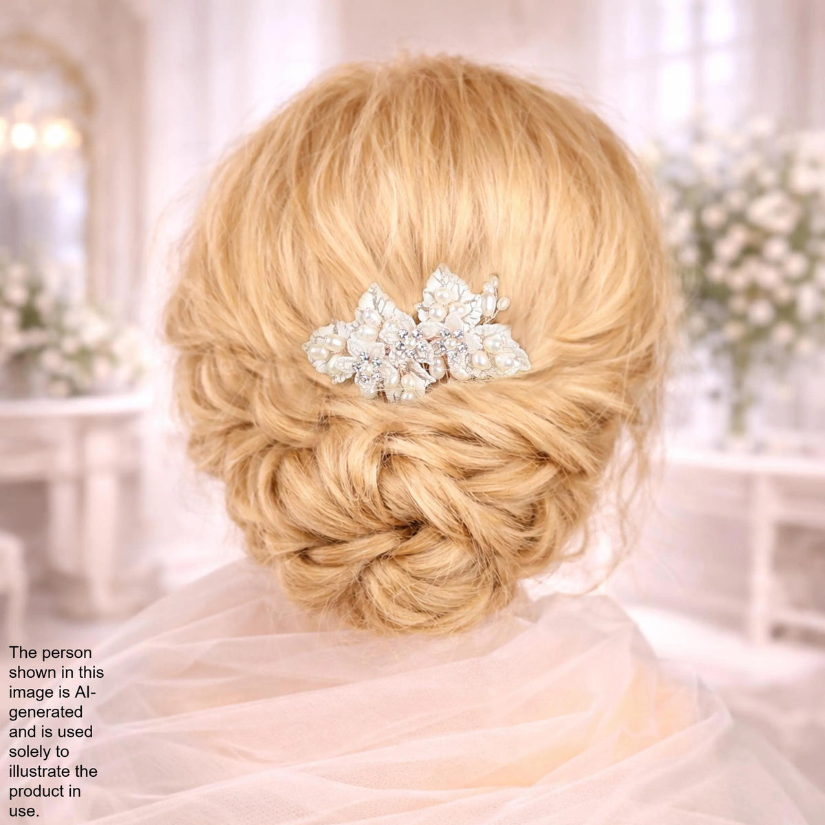 a woman's blonde hair styled in an elegant updo, with a decorative hair accessory, possibly a flower or crystal piece, placed in the center of her hair.