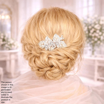 a woman's blonde hair styled in an elegant updo, with a decorative hair accessory, possibly a flower or crystal piece, placed in the center of her hair.