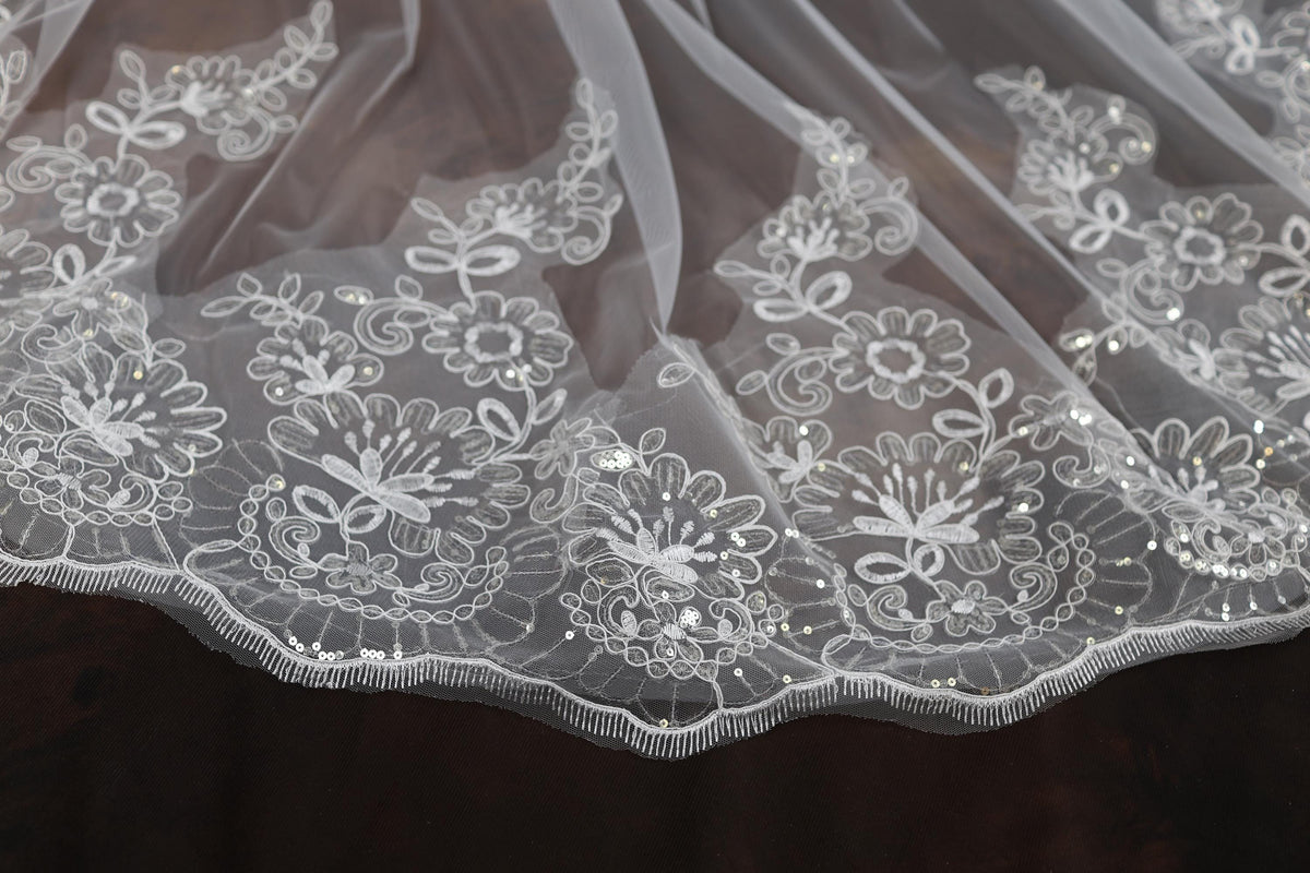 a close up of a white lace on a piece of cloth