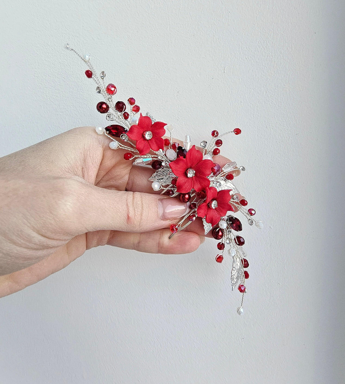 Red Floral Wedding Hair Comb. Elegant Bridal or Prom Hairpiece. Handmade Wedding Accessory for Brides & Bridesmaids