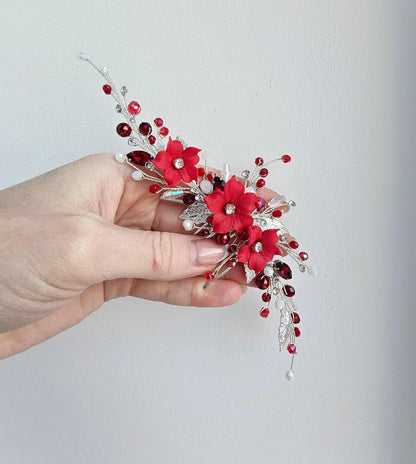 Red Floral Wedding Hair Comb. Elegant Bridal or Prom Hairpiece. Handmade Wedding Accessory for Brides & Bridesmaids
