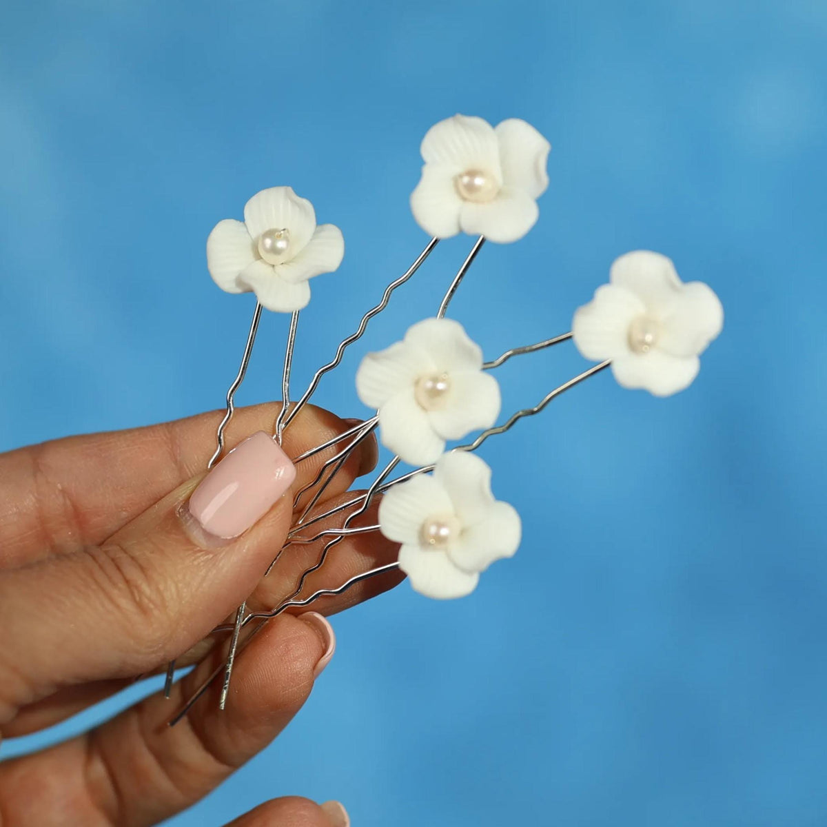 A hand holding a bunch of white flower-shaped hair clips against a blue background.