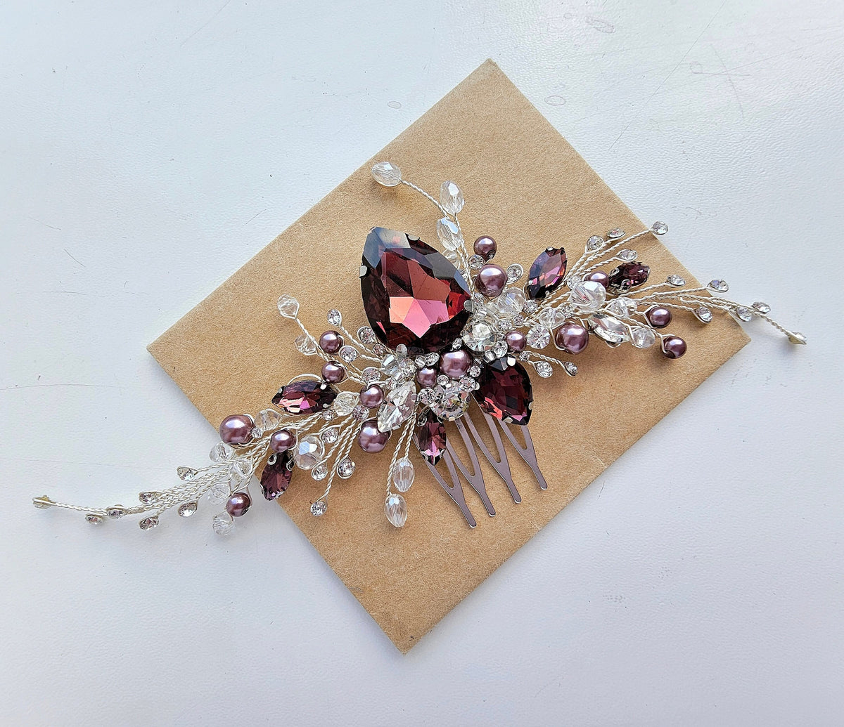 Burgundy Crystal Wedding Hair Comb, Bridal Hair Piece, 6 Inch