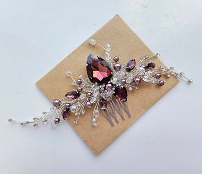Burgundy Crystal Wedding Hair Comb, Bridal Hair Piece, 6 Inch