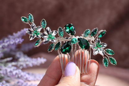 Emerald Crystal Wedding Hair Comb, Silver Floral Bridal Hairpiece