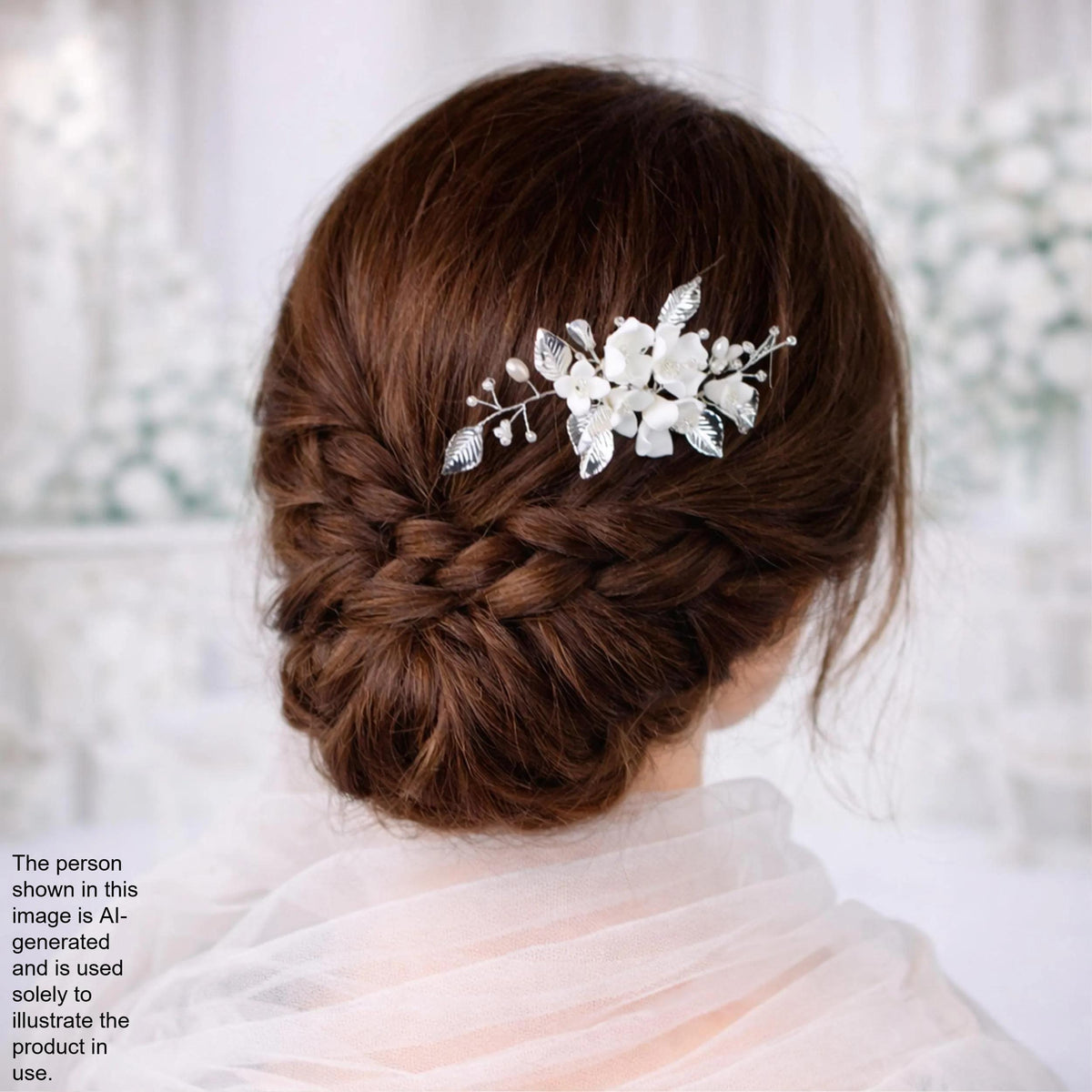 a woman's back view with her hair styled in a braided bun, adorned with a decorative hair accessory featuring white flowers.