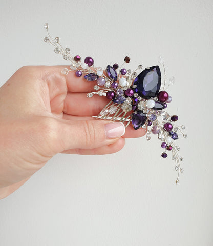 Purple Crystal Wedding Hair Comb: Handmade Violet Bridal Hairpiece
