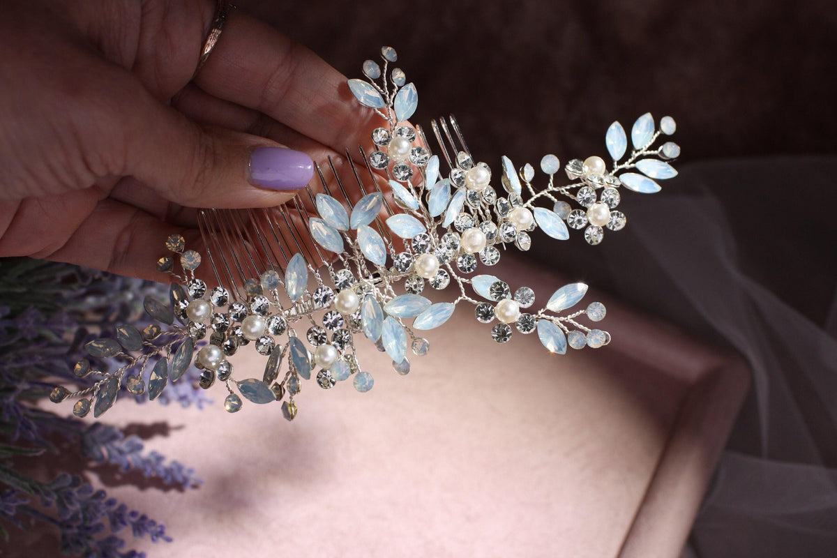 Opal Crystal Flower Bridal Comb, Silver Wedding Hair Piece, 6 Inch