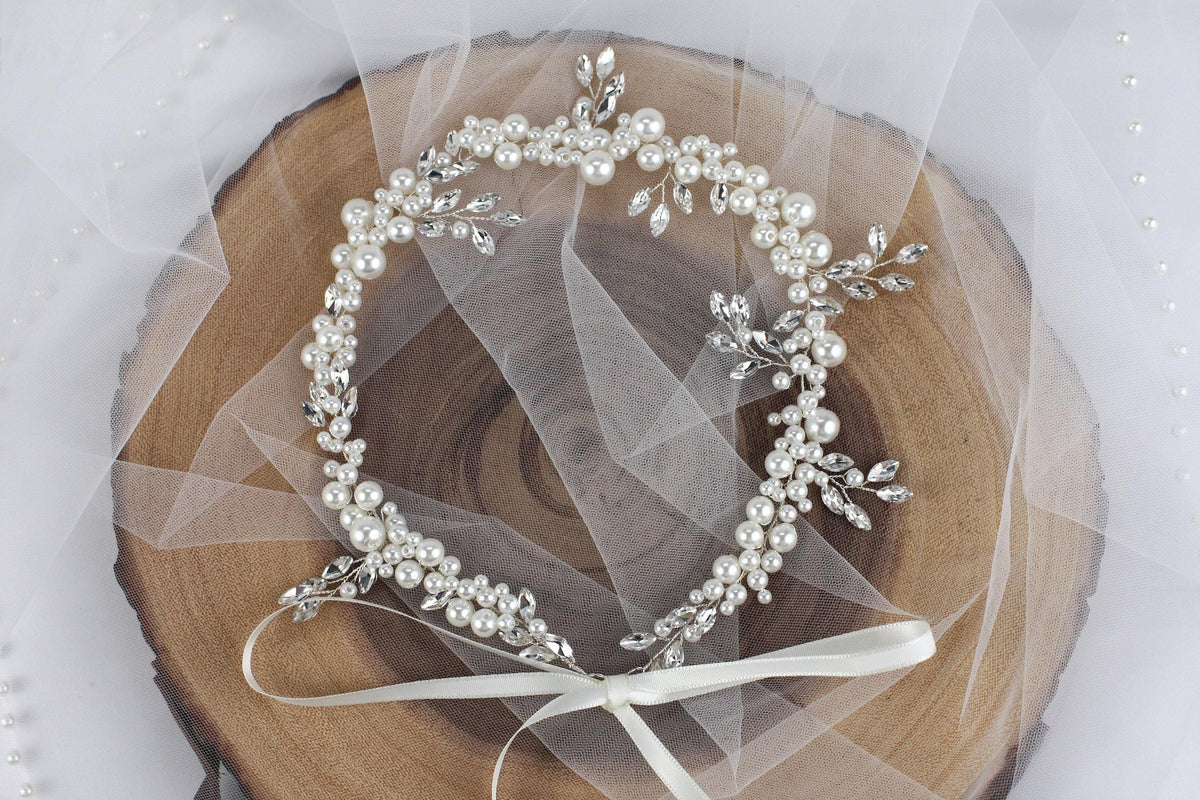 Handmade Pearl Bridal Hair Vine: Silver Floral Wedding Hairpiece