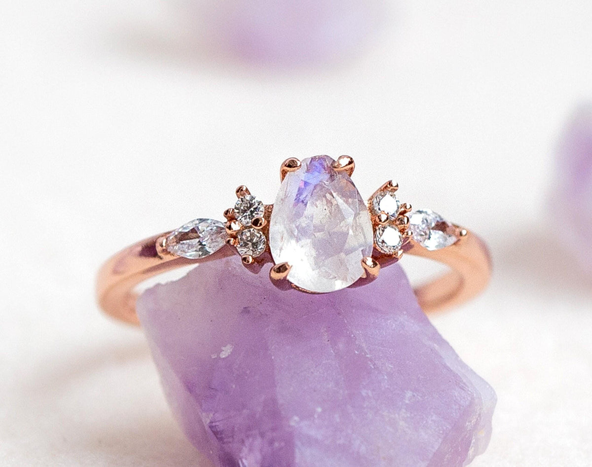 Rose Gold Plated Moonstone Ring: Sterling Silver Bridal Jewelry