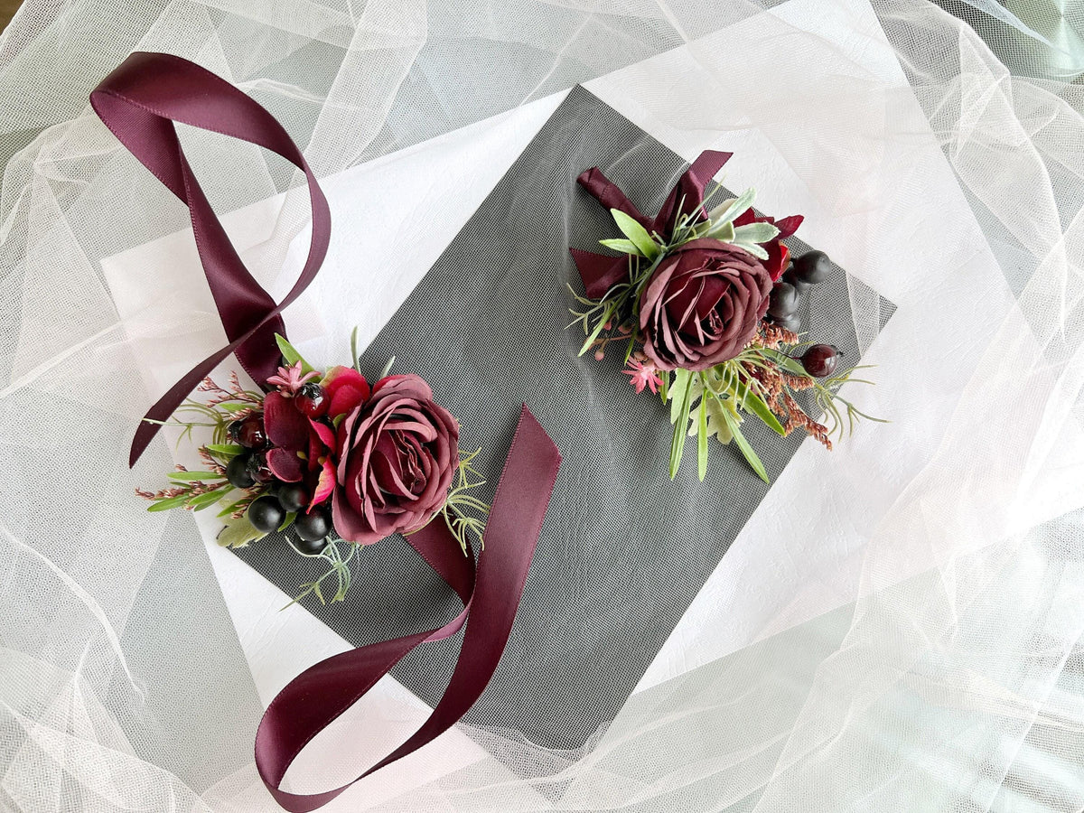 Wine Rose Grooms Boutonniere: Handmade Wedding Corsage