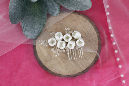 White Flower Bridal Hair Comb, Crystal Silver Wedding Hairpiece, 6 Inch