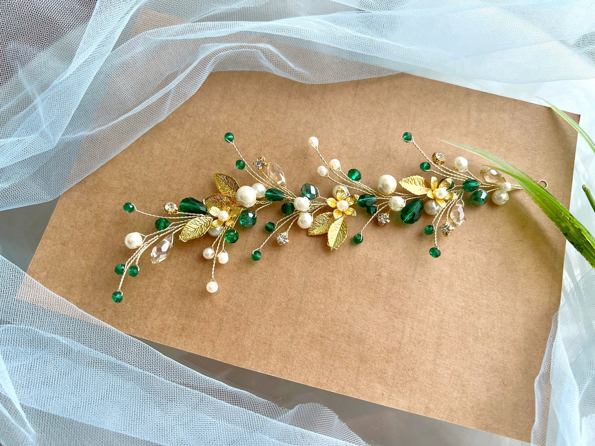 Handmade Gold Flower Emerald Crystal Bridal Hair Vine