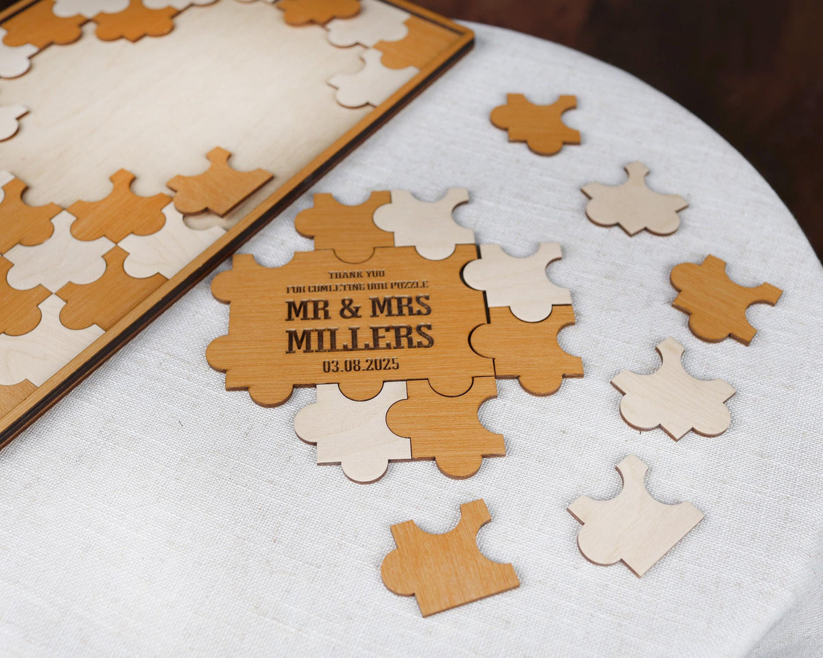 a table with a wooden puzzle on it